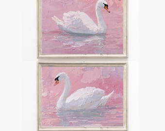 Set of Two Swan Art Prints Elegant Wall Decor for Nursery Vintage Style Perfect Gift for Bird Lovers Oil Painted Prints