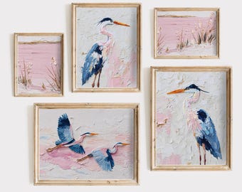 Heron Print Set Oil Painted Digital Bird Art for Coastal Decor Set of 5 Wall Prints Pink Beach House Nature Artwork