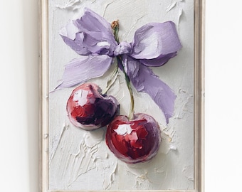 Cherry Print Bow Art Oil Painted Printable Cute Purple Wall Decor Girly Aesthetic Print Perfect Gift for Home Nursery or Bedroom