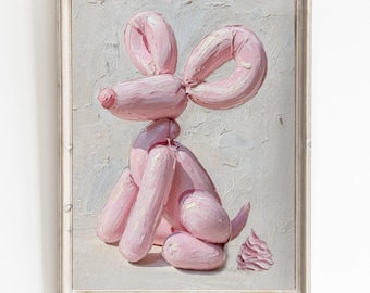 Balloon Dog Pooping Print Pink Oil Painted Cute Digital Art Funny Bathroom Decor Quirky Home Wall Art for Dog Lovers
