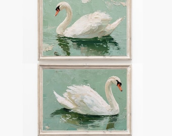 Set of Two Swan Art Prints Elegant Wall Decor for Nursery Vintage Style Perfect Gift for Bird Lovers Oil Painted Prints