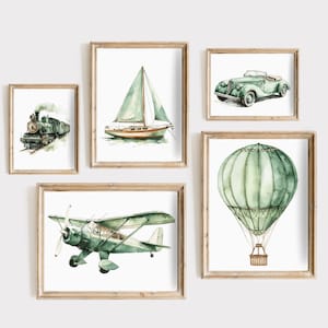 Sage Green Vintage Airplane Nursery Wall Art Gallery Painting Decor Printable Kids Room Prints Digital Download Transportation Gallery Kids