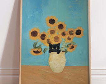 Cuadro decorativo de pared con girasoles y gato negro, regalo para amantes de los gatos, estampado floral vintage, decoración del hogar, estampado de girasoles y gato negro, decoración única para el hogar.