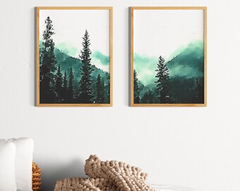 Set Of 2 Winter Forest Wall Art, Green Foggy Forest Winter Print, Winter Mood Wall Art, Holiday Decor Wall Art, Winter Gift Winter Printable