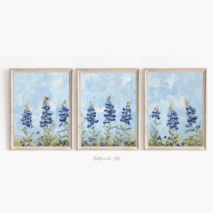 Blue Bonnet Printable Art Set of 3 Texas Wildflowers Digital Download Floral Wall Art Rustic Home Decor Vintage Style Bluebonnet Painting