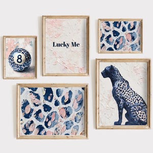 Navy and Cheetah 8 Ball Wall Art Set of 5 Oil Painted Prints Trendy Printable Decor Blue Cheetah Print Retro Aesthetic Dorm Room Art