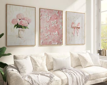 Conjunto de 3 láminas decorativas de pared con lazos rosas de moda, estilo coqueto, para decoración de habitaciones, estampado de lazos en acuarela, arte de pared femenino para guardería, universidad o apartamento, estética al óleo.