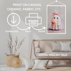 May include: A digital wall art print featuring a ghost with a pink bow and a small pumpkin. The image is displayed in a white frame, with text indicating it can be printed on canvas, ceramic, or fabric. The image also shows a download, print, and frame process.