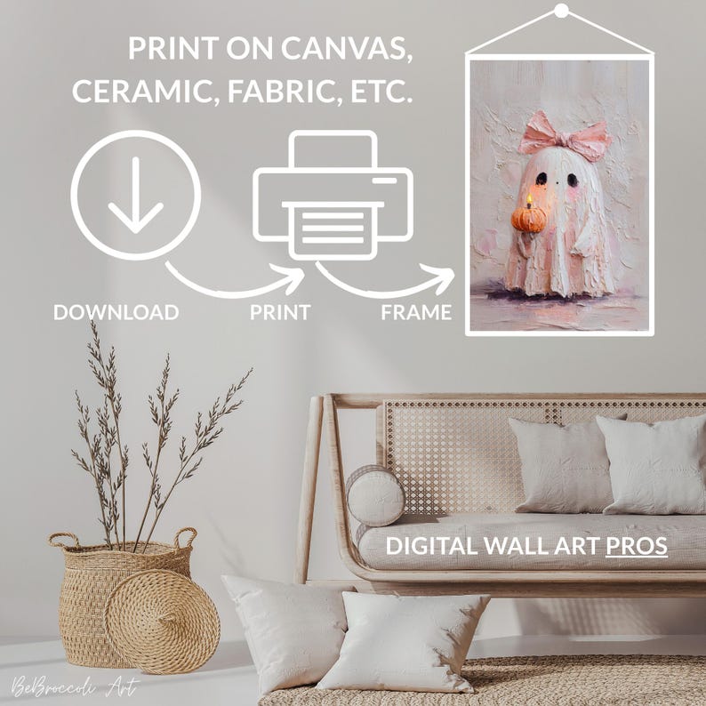 May include: A digital wall art print featuring a ghost with a pink bow and a small pumpkin. The image is displayed in a white frame, with text indicating it can be printed on canvas, ceramic, or fabric. The image also shows a download, print, and frame process.