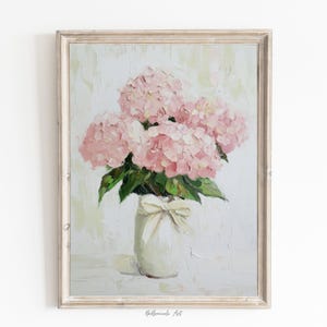 Pink Hydrangea Art Print Vintage Floral Bow Digital Download Home Wall Decor Botanical Art Gift for Her Gift for Flower Lovers Oil Painting