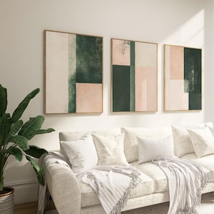 Sage Green Boho Wall Art Set of 3 Blush Pink Printable Art Mid Century Modern Decor Digital Download Minimalist Home Decor Abstract Art Set