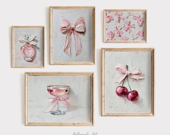 Trendy Pink Bows Wall Art Set of 5 Preppy Poster College Apartment Decor Oil Painted Bows Print Coquette Room Decor Girly Wall Art