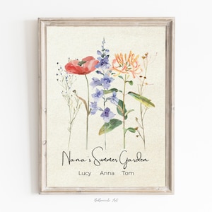 Ramo familiar de flores de nacimiento, impresión digital personalizada, regalo significativo para mamá, acuarela personalizada, arte de pared con flores de nacimiento, regalo de cumpleaños, decoración del alma