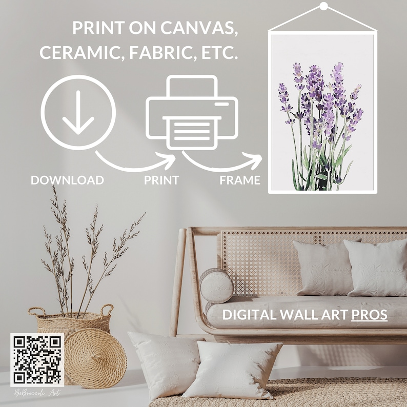 Peut inclure: Un t&eacute;l&eacute;chargement num&eacute;rique d'une peinture &agrave; l'aquarelle de fleurs de lavande dans un cadre blanc. L'image est affich&eacute;e sur un mur au-dessus d'un canap&eacute; brun clair avec des coussins blancs. Le texte "IMPRIMER SUR TOILE, C&Eacute;RAMIQUE, TISSU, ETC." est au-dessus de l'image. Le texte "T&Eacute;L&Eacute;CHARGER, IMPRIMER, ENCADRER" est sous l'image. Le texte "DIGITAL WALL ART PROS" est sous le canap&eacute;.