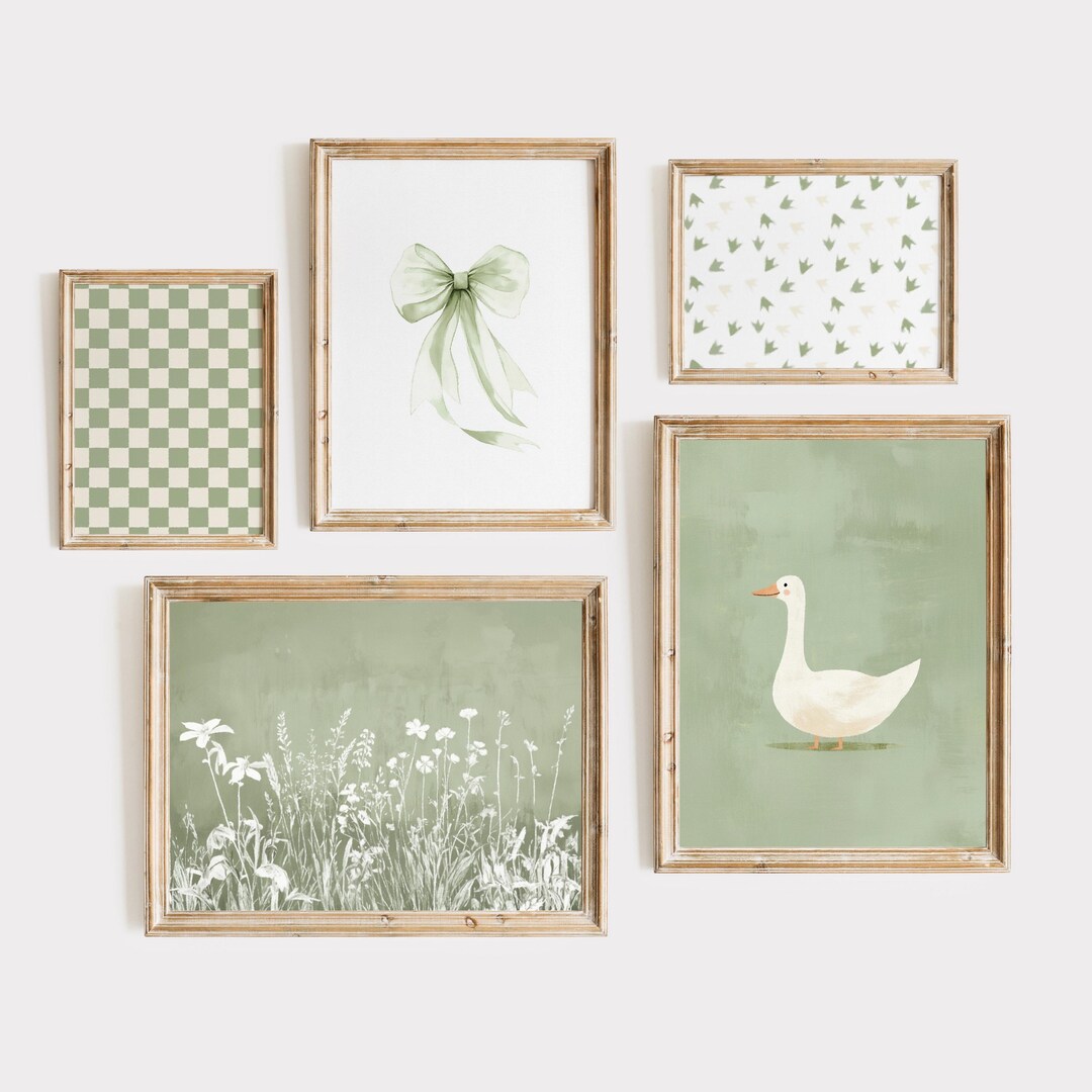 Sage Green Silly Little Goose Wall Art Set of 5 Cute Nursery Decor ...