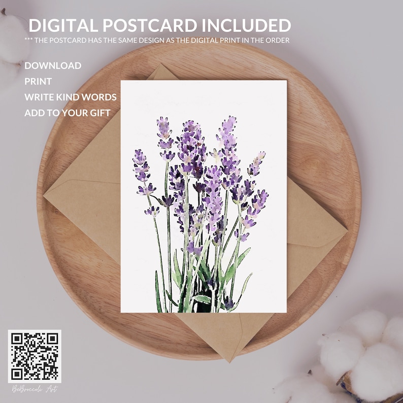 Peut inclure: Une carte imprimable avec une illustration aquarelle de fleurs de lavande. La carte comprend le texte "T&eacute;l&eacute;charger Imprimer &Eacute;crire des mots gentils Ajouter &agrave; votre cadeau".