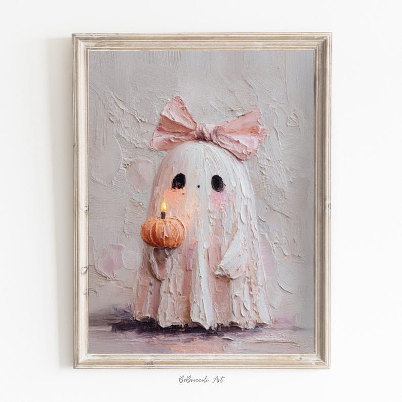 cute ghost painting,pink bow ghost,cute sheet ghost,coquette halloween,ghost painting,ghost wall art,digital prints,ghost printable art,halloween art print,halloween ghost,pink ghost wall art,pink halloween art,printable wall art