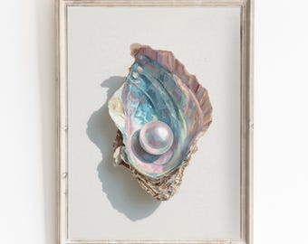 Arte murale costiera con conchiglie, stampa digitale, download di arte estiva carina, decorazione per casa al mare femminile, decorazione da spiaggia di tendenza, pittura a olio su parete