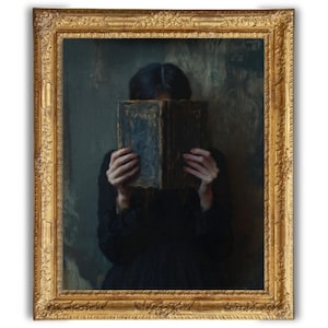 Stampa artistica di donna vittoriana che legge, decorazione accademica oscura, regalo per gli amanti dei libri, angolo di lettura malinconico, dipinto, donna vintage amante dei libri, stampabile, arte murale