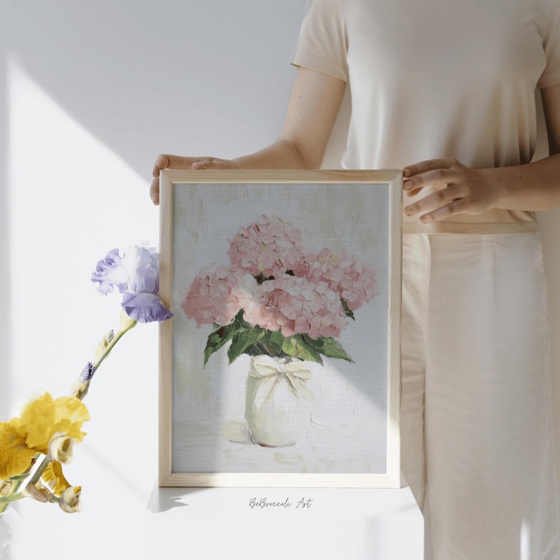 Pink Hydrangea Art Print Vintage Floral Bow Digital Download Home Wall ...