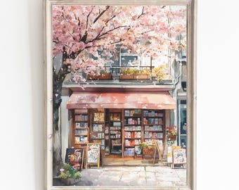 Art mural printanier de la librairie, décoration cosy, cadeau pour amateur de livres, art imprimable, décoration lunatique pour les lecteurs, décoration florale vintage, cadeau livresque