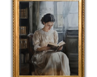 May include: A painting of a woman in a white dress sitting in a chair and reading a book. The woman is in a room with a bookshelf and a window. The painting is done in a realistic style.