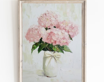 Pink Hydrangea Art Print Vintage Floral Bow Digital Download Home Wall Decor Botanical Art Gift for Her Gift for Flower Lovers Oil Painting
