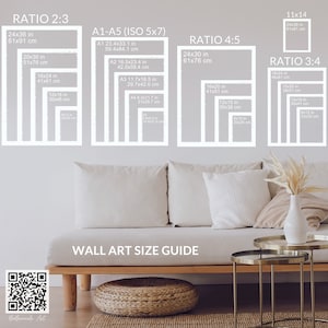 Peut inclure: Un guide de taille d'art mural avec diff&eacute;rents ratios et mesures en pouces et en centim&egrave;tres. Le guide montre les dimensions de diff&eacute;rentes tailles d'art mural, y compris les ratios 2:3, 4:5 et 3:4. Le guide comprend &eacute;galement des formats de papier standard comme A1, A2, A3, A4 et A5.