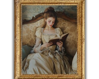 Puede incluir: Pintura enmarcada de una mujer con un vestido color crema leyendo un libro. La pintura tiene un marco dorado ornamentado. La mujer está sentada en un sofá con estampado floral. La pintura tiene una estética vintage.