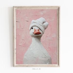Duck Towel Digital Art Duck Oil Painting It Girl Print White and Pink Bathroom Girl Towel on Head Cute Digital Trendy Wall Art for Girls