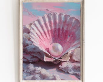 Stampa artistica da parete a tema costiero con conchiglie, download digitale di arte estiva carina, arte da parete femminile, arredamento trendy per casa al mare, pittura a olio per ragazze