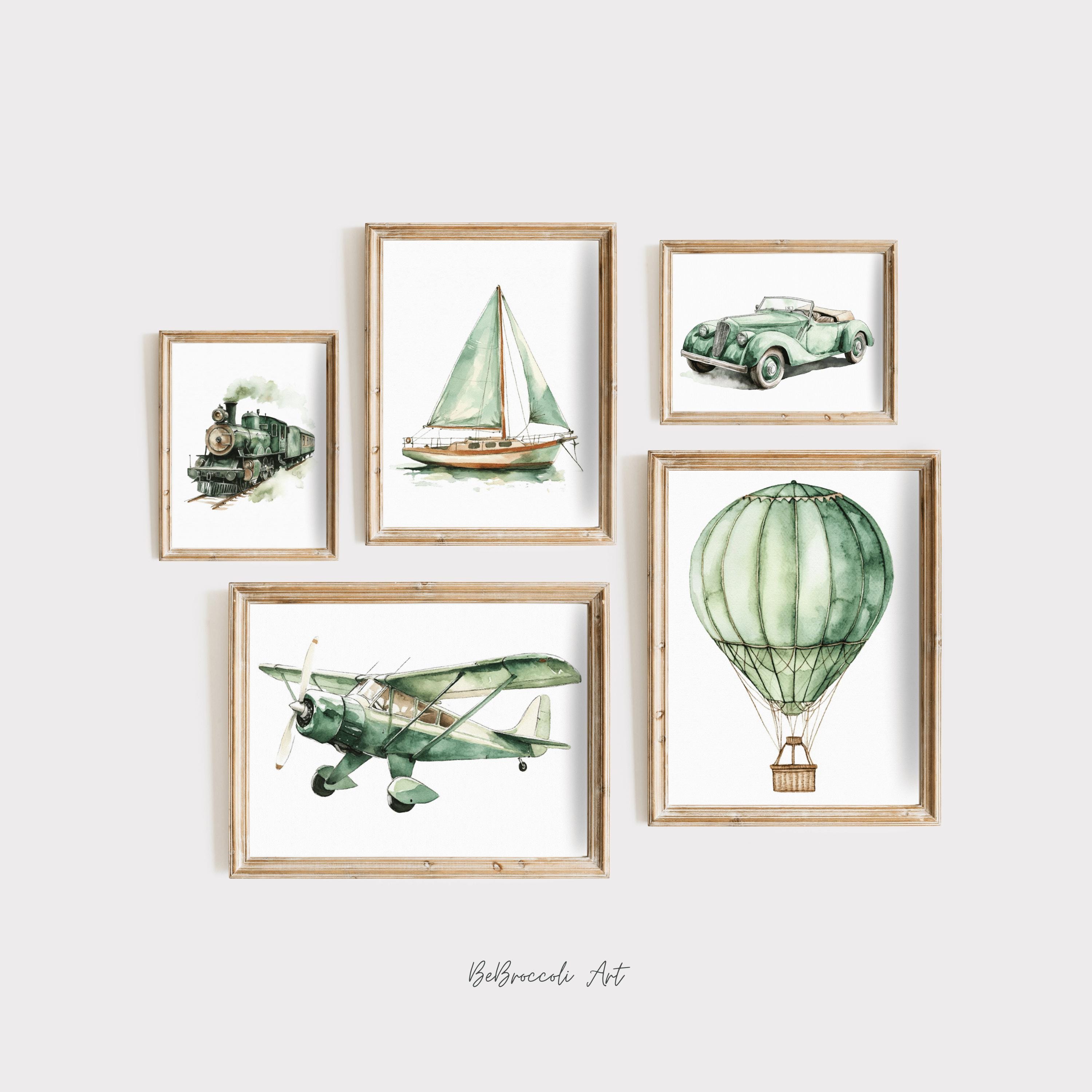 Sage Green Vintage Airplane Nursery Wall Art Gallery Painting Decor ...