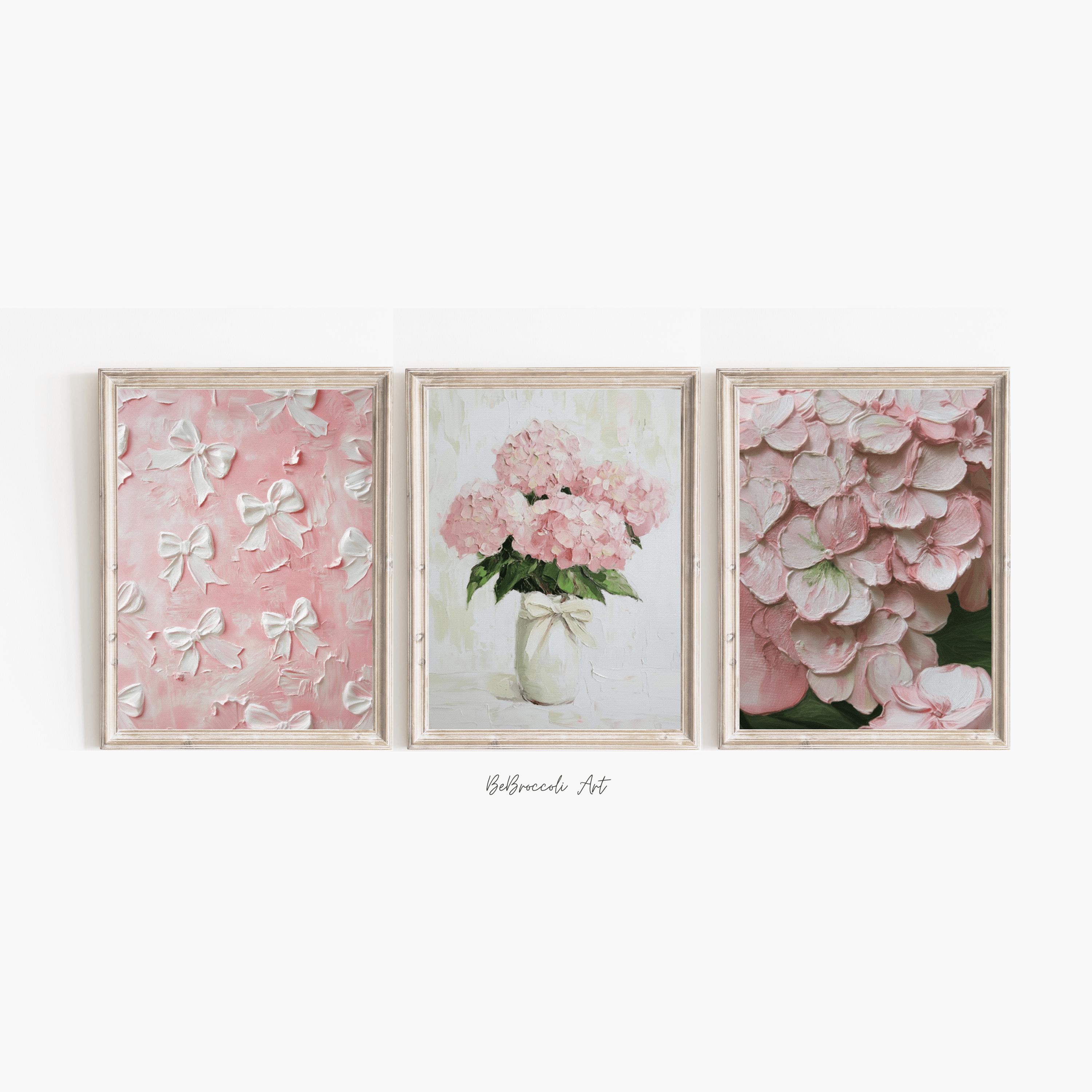 Dorm Wall Art Pink Hydrangea Print Set of 3 Watercolor Decor for Girls Room Nursery Wall Art Trendy Girls Room Art Pink Floral Bow Art Print