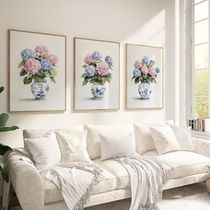 Lot de 3 impressions d'hortensias, aquarelle d'art floral bleu, d'hortensias roses et bleus, d'art mural de chambre à coucher, d'art mural téléchargeable numériquement
