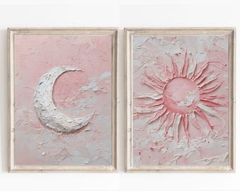 Set digitale di 2 stampe da parete Sole e Luna, decorazioni celestiali stampabili, arte astratta boho per la casa, download immediato, pittura ad olio per la decorazione della casa in stile boho