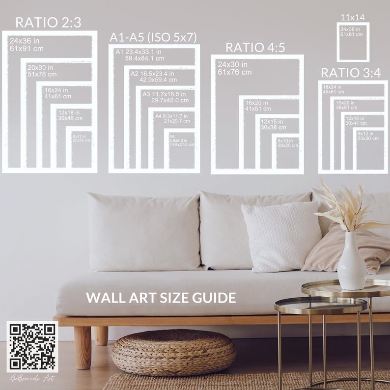 May include: A wall art size guide displays various rectangular frames with measurements in inches and centimeters. The guide includes ratios like 2:3, 4:5, and 3:4, with sizes ranging from 8x10 inches to 24x36 inches. The text "WALL ART SIZE GUIDE" is also visible.