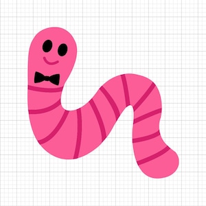 Puede incluir: Una ilustración de un gusano de dibujos animados de color rosa brillante con una cara sonriente, dos ojos ovalados negros y una pequeña pajarita negra. El gusano tiene un cuerpo segmentado con rayas horizontales de color rosa oscuro sobre un fondo de cuadrícula blanca.