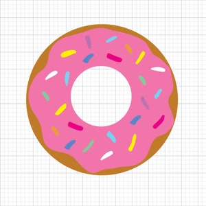 May include: A pink frosted donut with colorful sprinkles. The donut has a brown outer ring and a hole in the center.