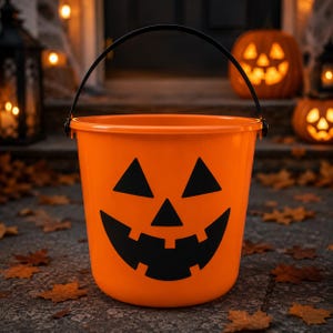 May include: A bright orange plastic bucket featuring a black jack-o'-lantern face with triangular eyes, a triangular nose, and a wide, toothy grin. The bucket includes a sturdy black plastic handle attached to the sides for easy carrying.