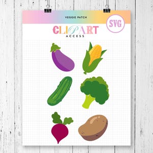 Paquete SVG de vegetales: pepinillos, berenjenas, maíz, brócoli, remolacha y papas. Archivos de corte SVG para Cricut, Silhouette y Clipart Access.