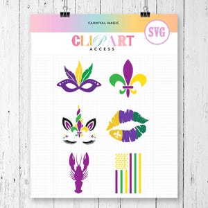 Pacchetto SVG di Mardi Gras / Bandiera, Giglio, Gambero, Faccia di unicorno, Labbra a bandiera, Maschera per il viso / Accesso esclusivo alle clipart