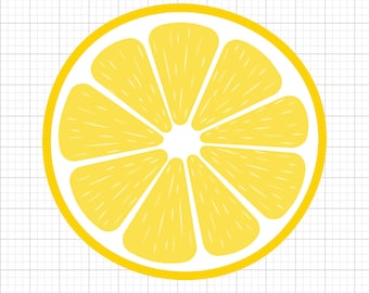 Peut inclure: Une tranche de citron jaune vif avec un centre blanc et une peau jaune. Le citron est coupé en segments, et l'image est placée sur un fond de grille blanche. Le design est simple et graphique.