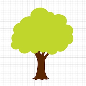 May include: A cartoon-style tree illustration. The tree features a brown trunk and branches, topped with a full, rounded canopy of bright green leaves. The background is a grid pattern.