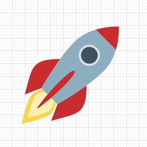 Puede incluir: Un cohete de dibujos animados con una llama roja y amarilla, un cuerpo gris y una aleta roja y gris. El cohete está volando hacia arriba.