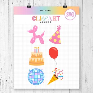 Pacchetto SVG di compleanno / Torta, Palloncino, Palloncino a forma di cane, Sparacoriandoli, Palla da discoteca, Cappello da festa / Accesso esclusivo alle clipart