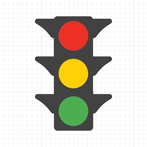 Puede incluir: Ilustración vectorial de un semáforo con carcasa negra. Cuenta con tres luces circulares: roja en la parte superior, amarilla en el medio y verde en la parte inferior. El fondo es un patrón de cuadrícula blanca.