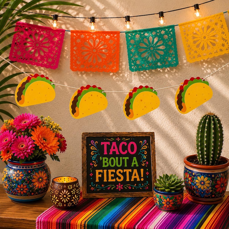 May include: A festive party decoration set featuring a string of colorful papel picado banners, a string of taco-shaped cutouts, and a wooden sign with the text TACO 'BOUT A FIESTA! in pink, green, and yellow letters, accented by floral pots.