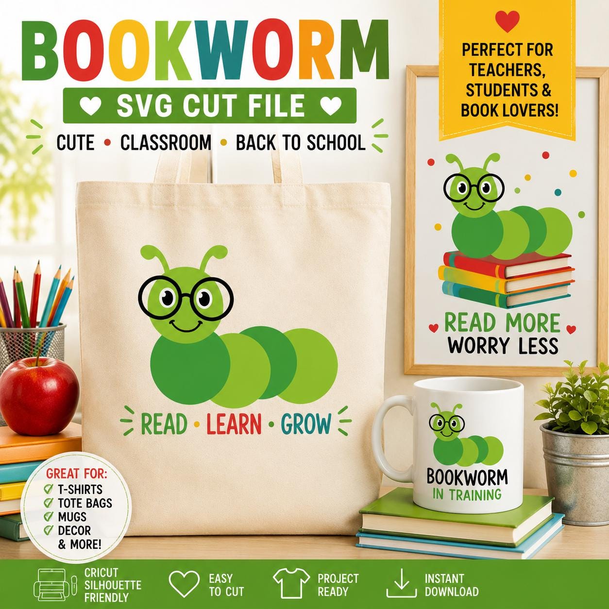 Bookworm Caterpillar SVG | Reading Insect Cut File (digital Download ...