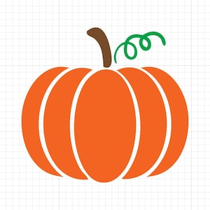 Peut inclure: Illustration d'une citrouille orange avec une tige marron et une vrille verte. La citrouille est divisée en sections par des lignes blanches verticales. Le fond est une grille blanche.
