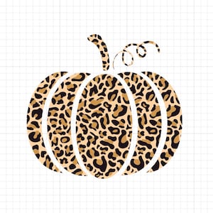 May include: A pumpkin illustration with a leopard print pattern in shades of brown and black. The pumpkin has a stem and a curly vine, all in the same leopard print. The design is set against a white grid background.